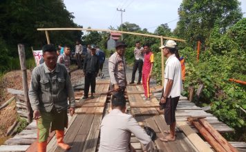 Kompak, Kapolsek Daik Lingga dan Anggota Ikut Goro Bersama Warga Perbaiki Jembatan Rusak