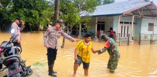Kapolsek Indra Makmu Monitor Banjir Yang Terjadi di Wilayahnya