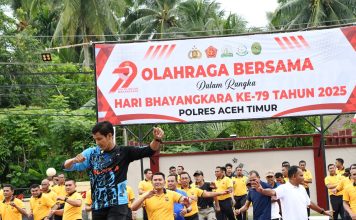 Semarak Hari Bhayangkara Ke-79, Polres Aceh Timur Gelar Olahraga Pagi Bersama Forkopimda