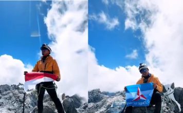 Anak Asli Anambas Kibarkan Bendera Indonesia dan Demokrat di Puncak Carstensz Pyramid
